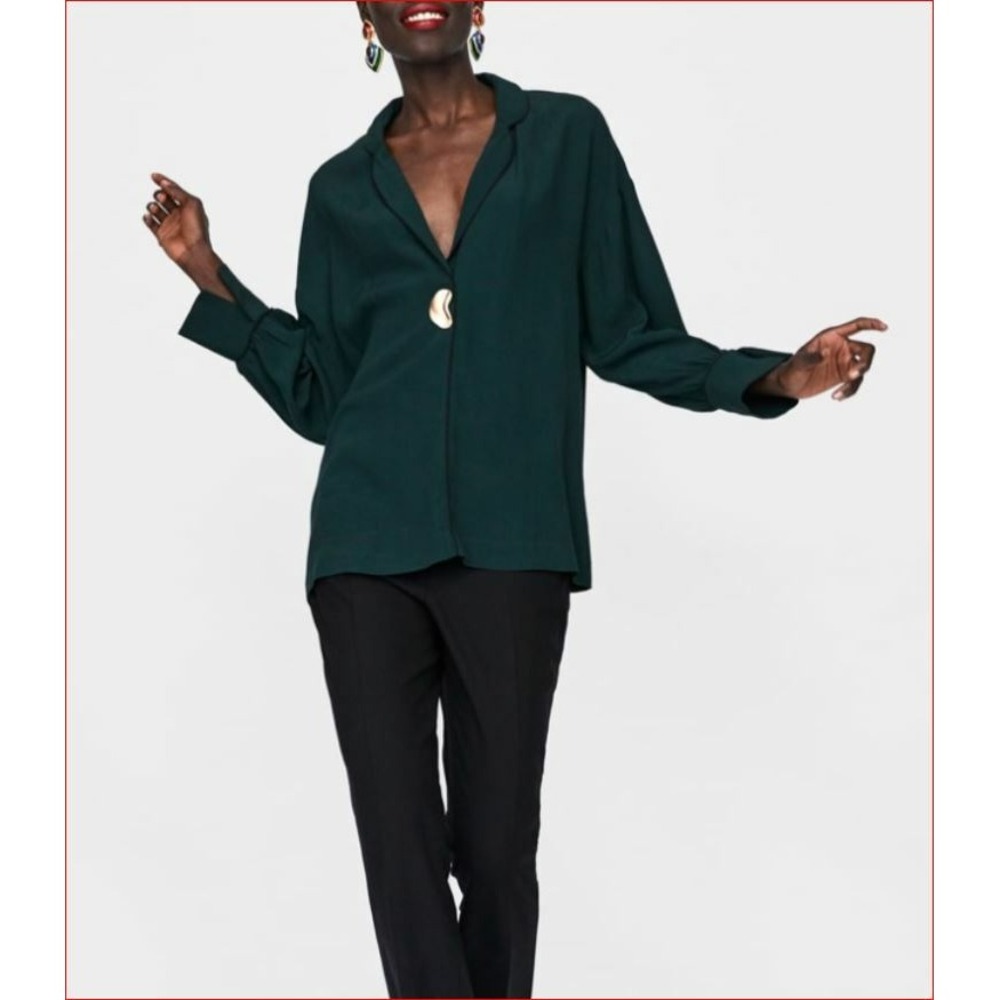 Zara Basic Collection Green Long Sleeve Blouse Gold Button 9878/167/501 Womens M